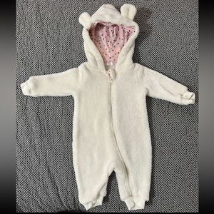 Onesie with hoodie, white/0-3 months, warm inside.